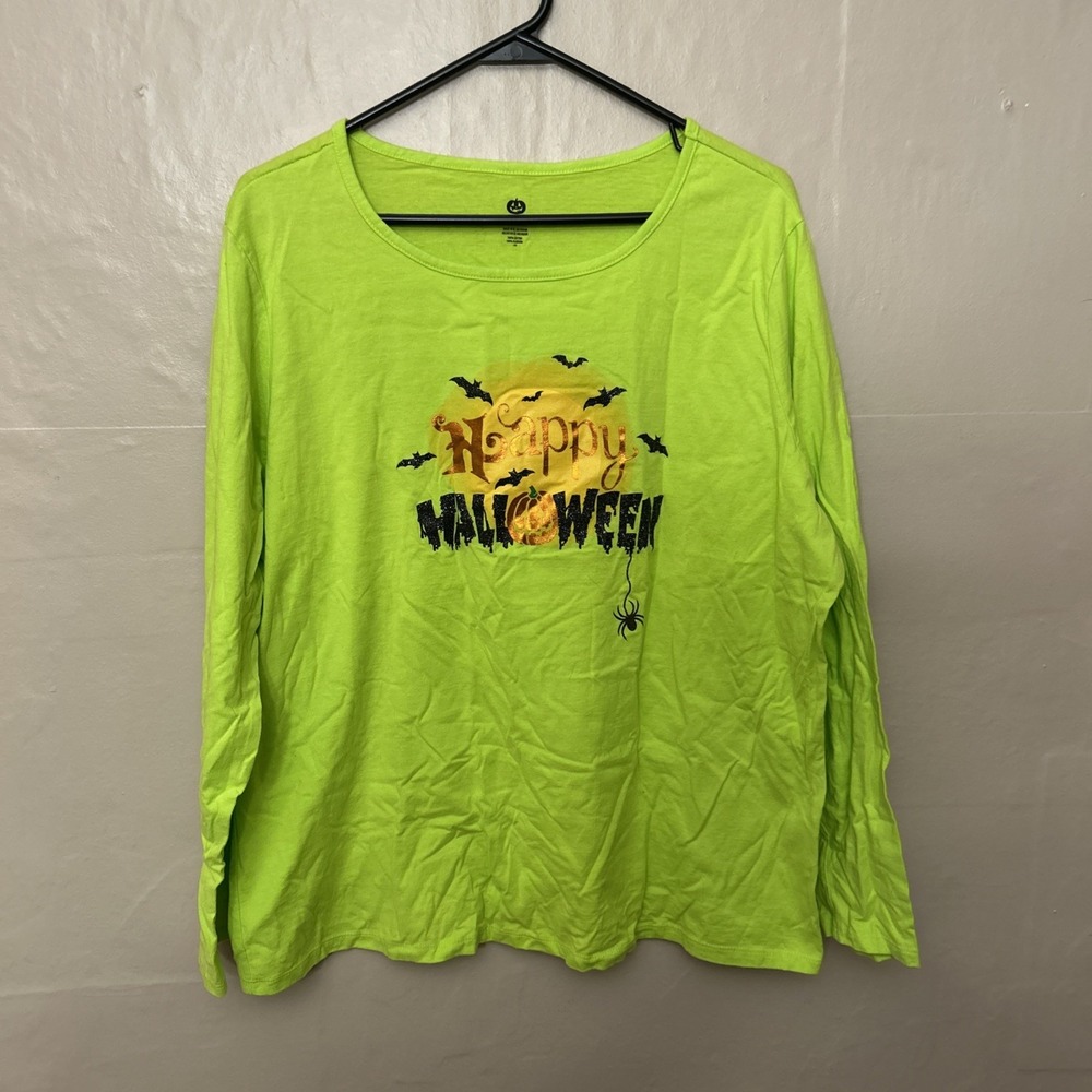 Women 1X Lime Green Happy Halloween Spider‎ T Shirt Top